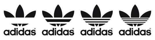 The Adidas trefoil logo through the ages: (l-r) 1925, 1955, 1985, and 2015