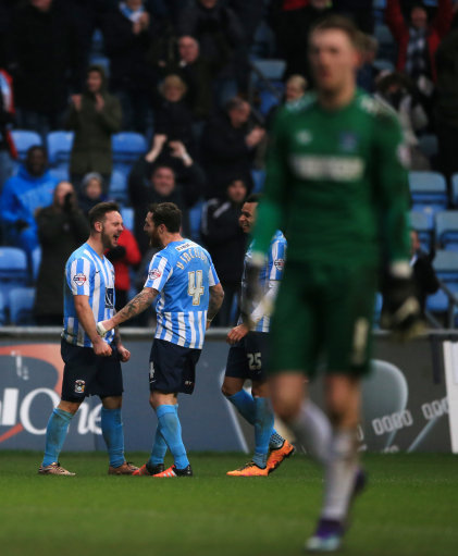 Coventry City's Adam Armstrong celebrates scoring his 1st goal and the 65th during 6.0 win against Bury
